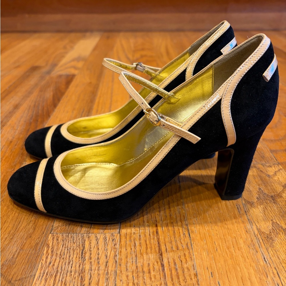 J. Crew Black Suede Mary Jane Heels with Beige Trim